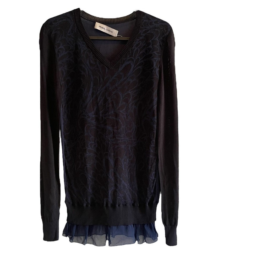 PRABAL GURUNG Swing Silk Knit‎ Top Navy Blue Geometric Print Women's Size Small